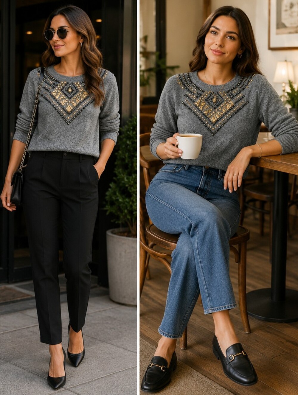 Express Studded Gold Tone Pyramid Design Embossed Gray Sweater ✨️